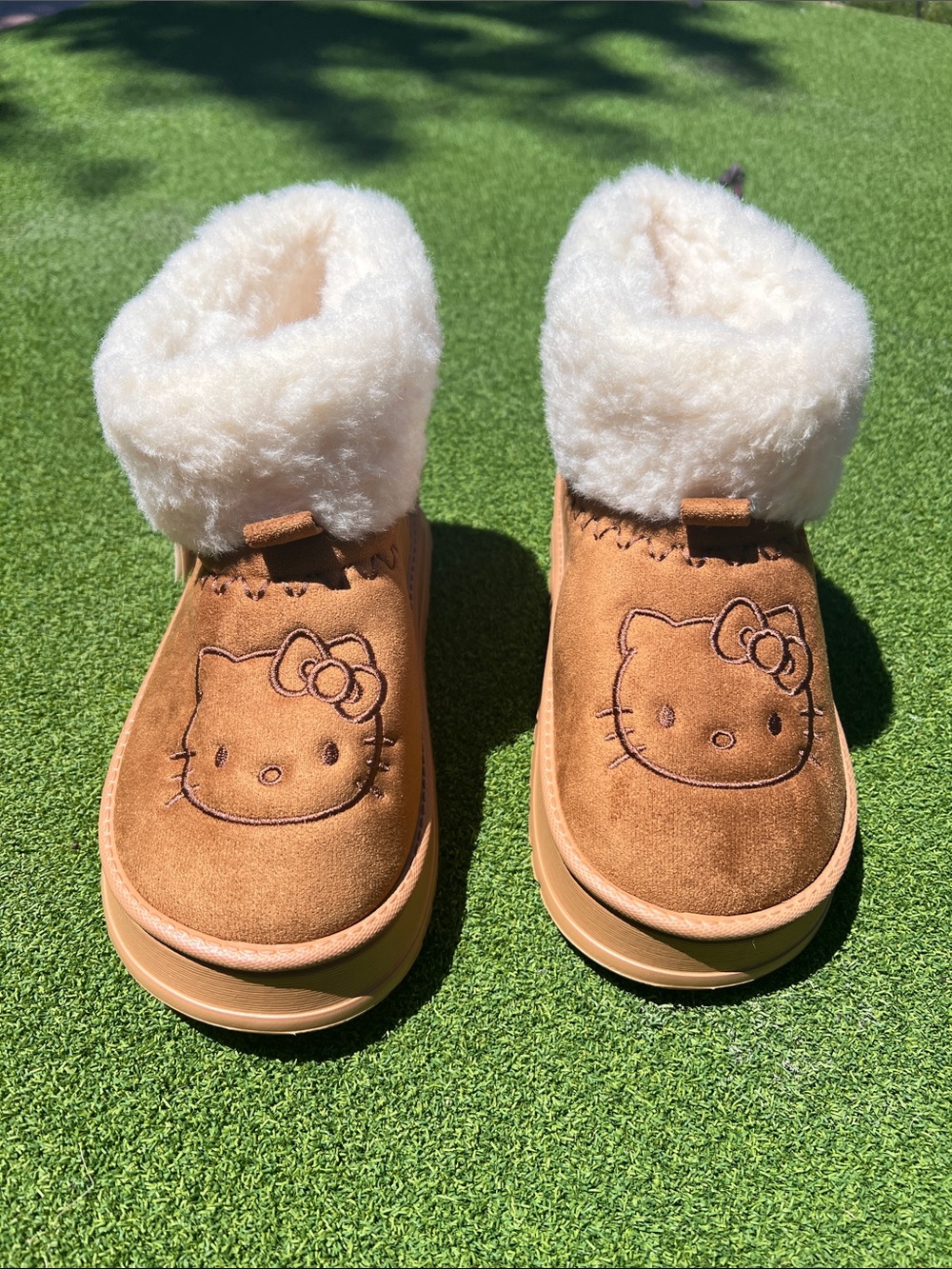 Hello Kitty inspired Brown and Cream Cozy Suede Bootie Slippers - Picture 2 of 5